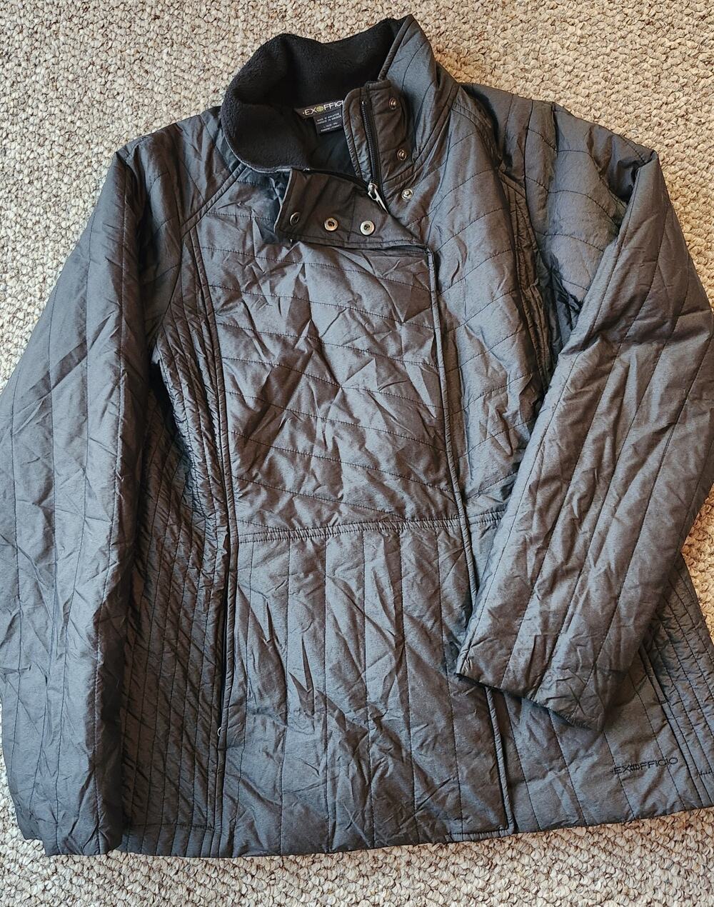 ExOfficio Women's Size L Quilted Travel Jacket Asymmetrical Zip Snaps Black #772